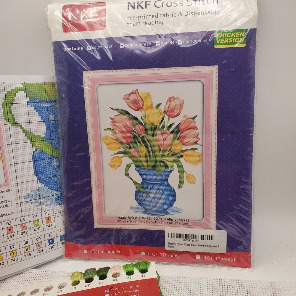 NKF H335 Tulip‎ Vase Cross Stitch Kit Red and Yellow Flowers Blue Vase